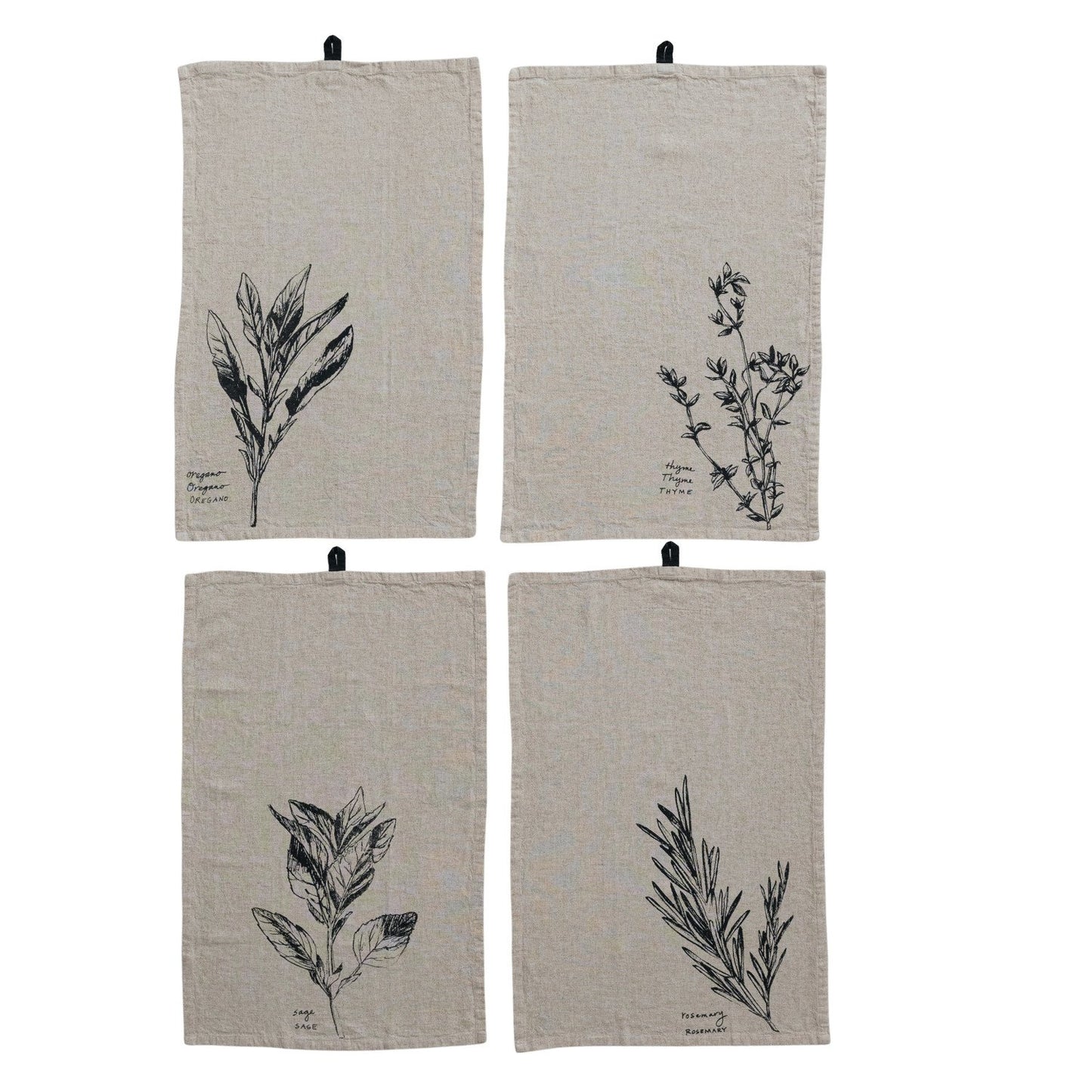 Linen Blend Printed Tea Towel w/ Herb & Herb Name, 4 Styles ©