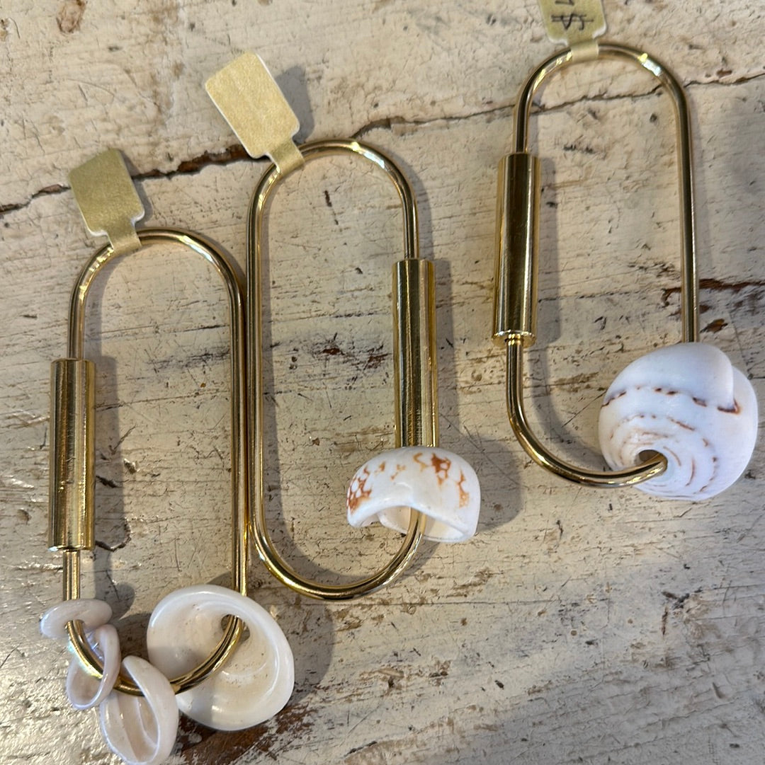 Large Brass Key Holder w/ Puka Shell / Fresh Water Pearl / Cone Shell / Tahitian Pearl