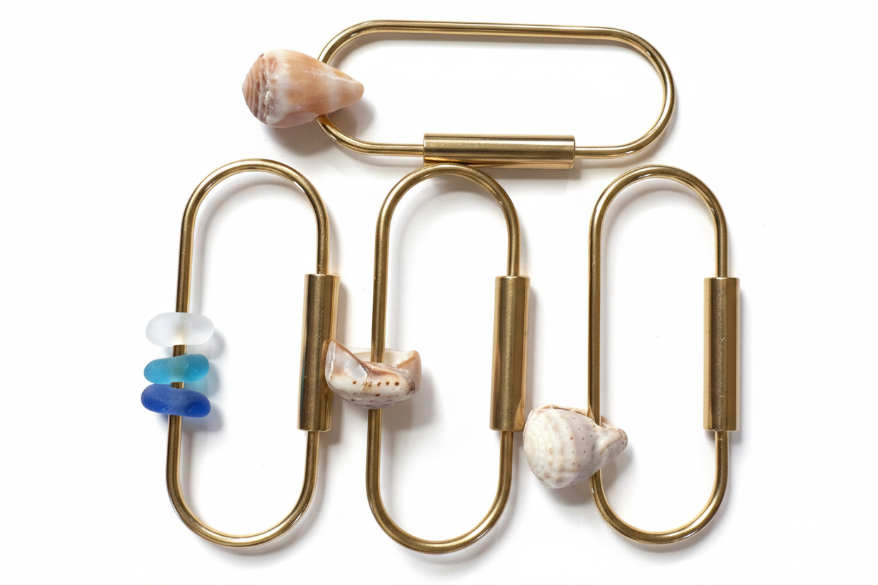 Large Brass Key Holder w/ Puka Shell / Fresh Water Pearl / Cone Shell / Tahitian Pearl