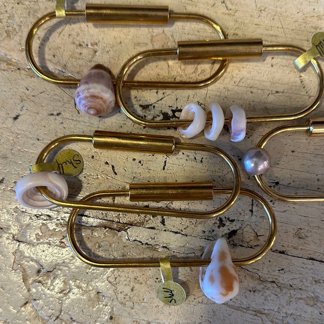 Large Brass Key Holder w/ Puka Shell / Fresh Water Pearl / Cone Shell / Tahitian Pearl