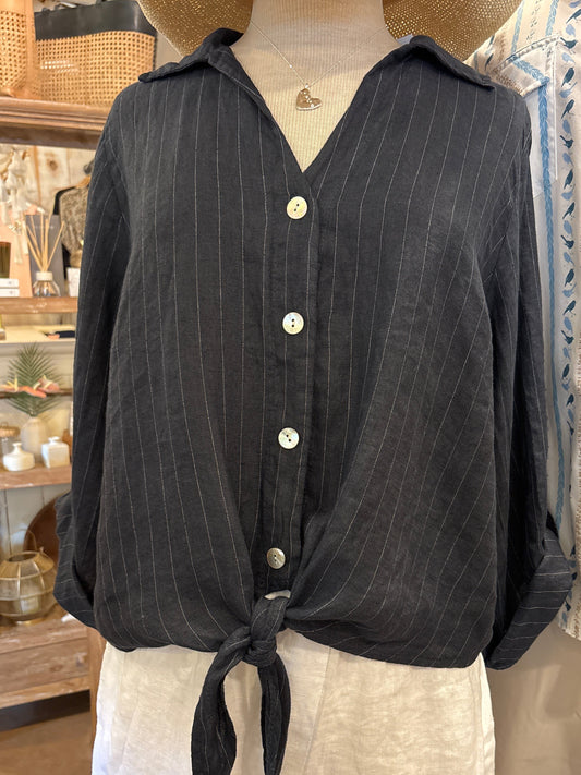 Pinstripe Linen Tie Front Top