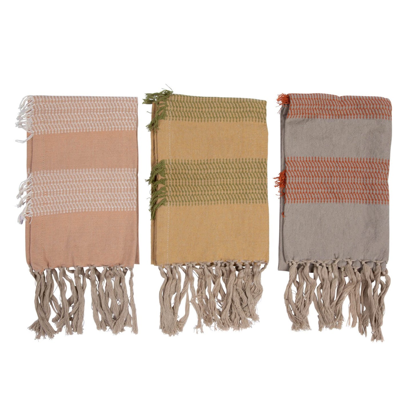 Cotton Tea Towels w/ Stripes & Fringe, 3 Colors, Set of 3