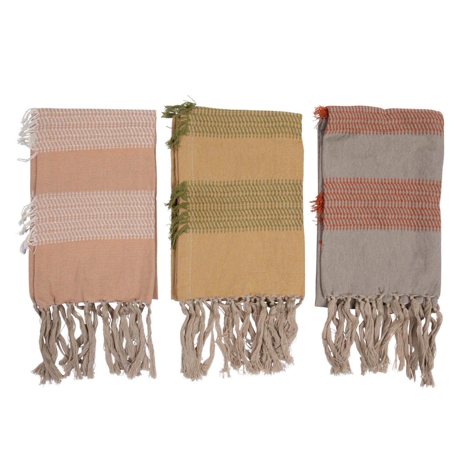 Cotton Tea Towels w/ Stripes & Fringe, 3 Colors, Set of 3
