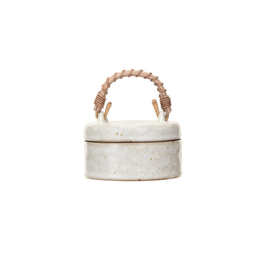Stoneware Jar w/ Woven Rattan Handle (Each One Will Vary)