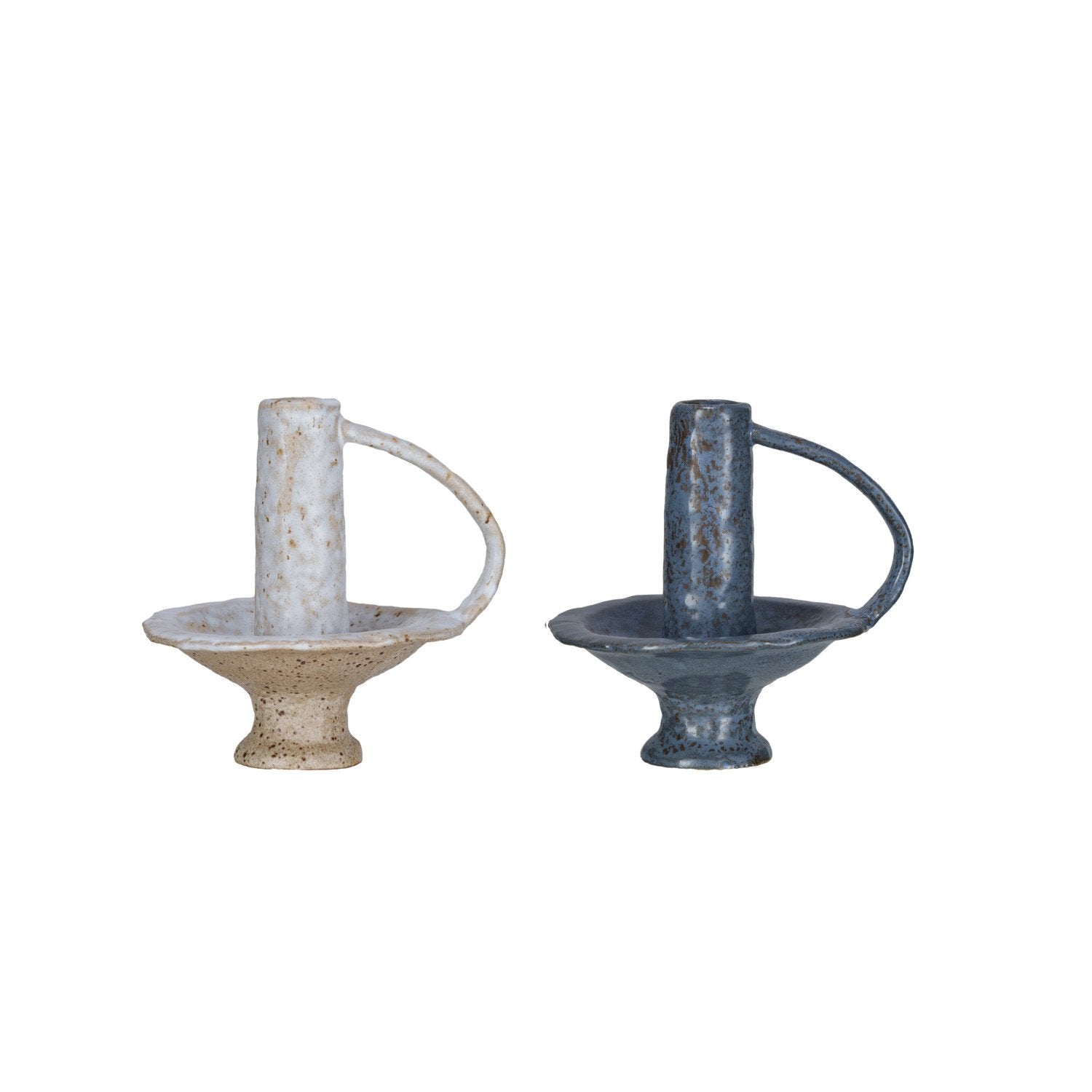 Stoneware Footed Taper Holder w/ Handle, 2 Colors (Each One Will Vary)