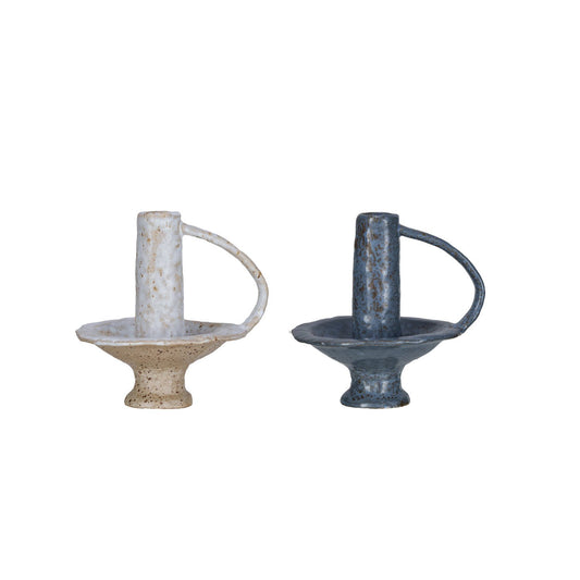 Stoneware Footed Taper Holder w/ Handle, 2 Colors (Each One Will Vary)