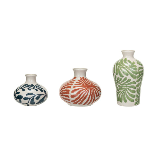 Hand-Painted Stoneware Vases w/ Abstract Designs, Set of 3