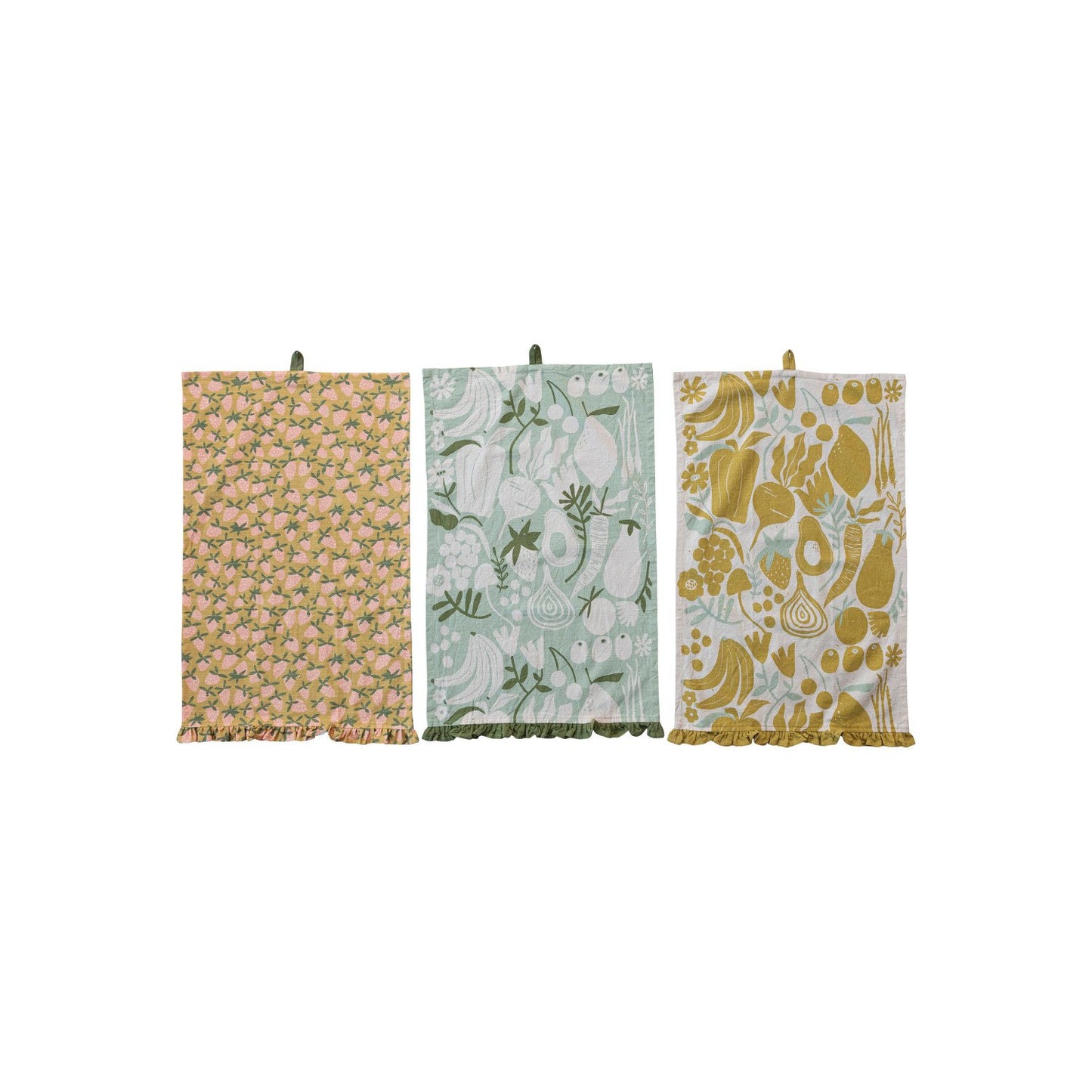 Cotton Printed Tea Towel w/ Fruit/Vegetables, Ruffle & Loop, 3 Styles ©