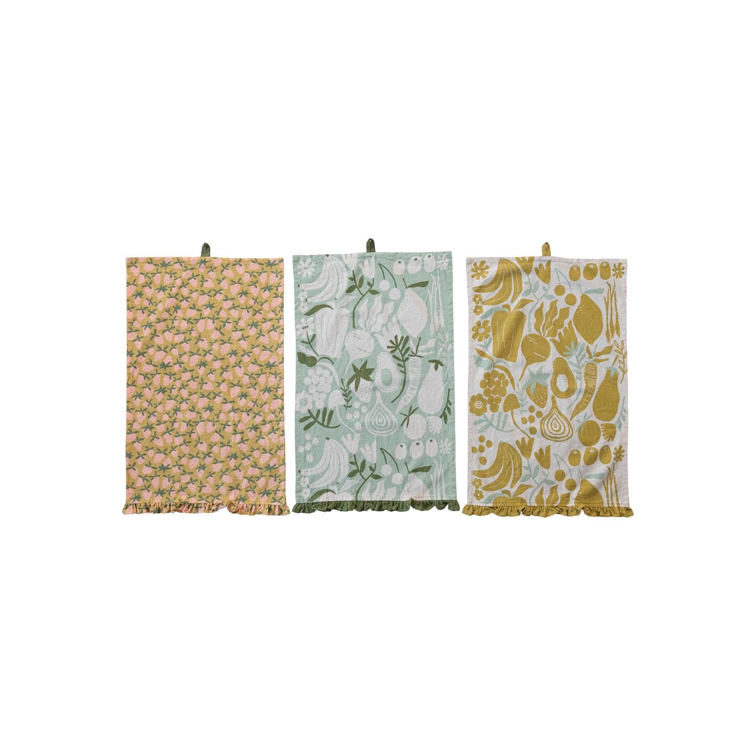 Cotton Printed Tea Towel w/ Fruit/Vegetables, Ruffle & Loop, 3 Styles ©