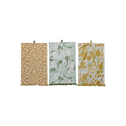 Cotton Printed Tea Towel w/ Fruit/Vegetables, Ruffle & Loop, 3 Styles ©