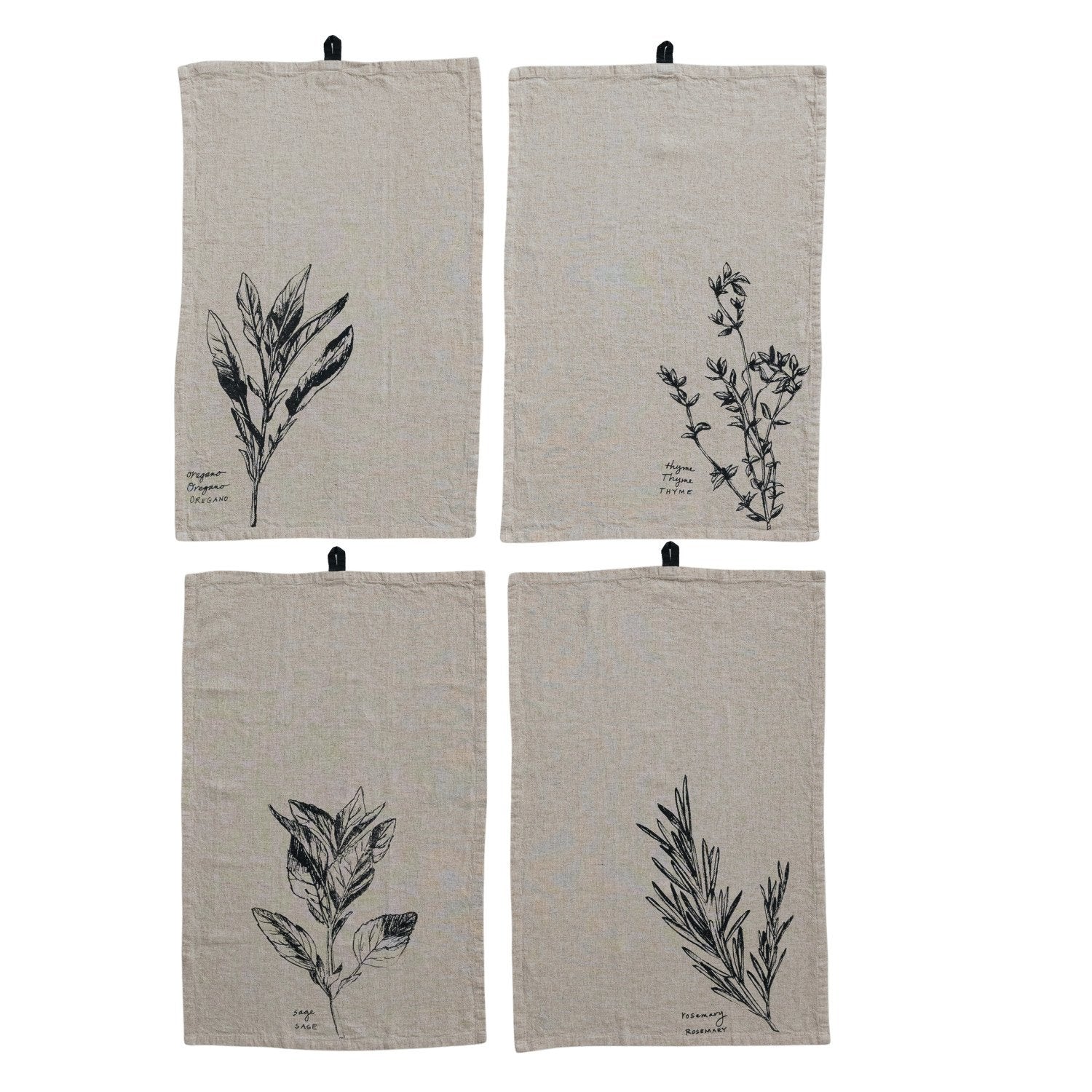 Linen Blend Printed Tea Towel w/ Herb & Herb Name, 4 Styles ©