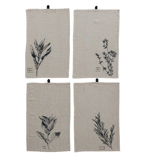 Linen Blend Printed Tea Towel w/ Herb & Herb Name, 4 Styles ©