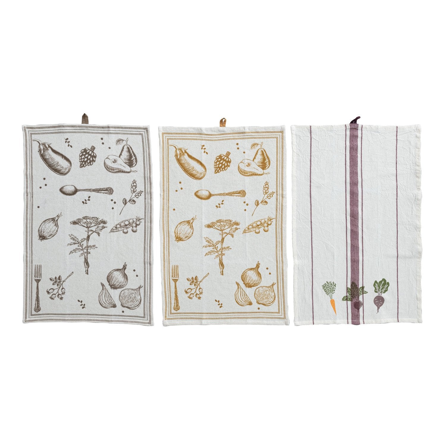 Cotton & Linen Printed Tea Towel w/ Vegetable/Cutlery Pattern, 3 Styles