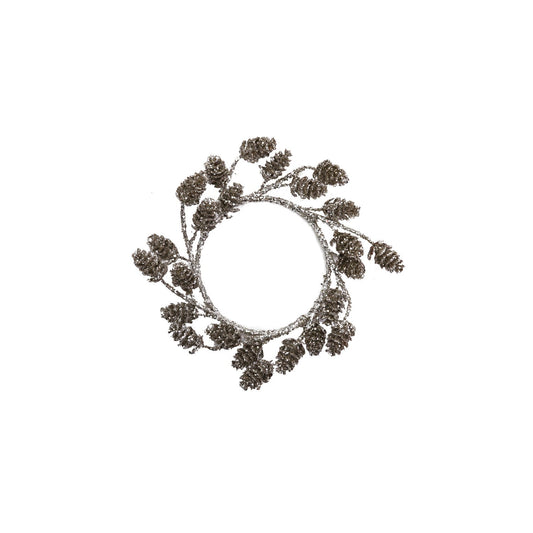 7" Round Plastic Pinecone Wreath with Glitter, Pewter Finish