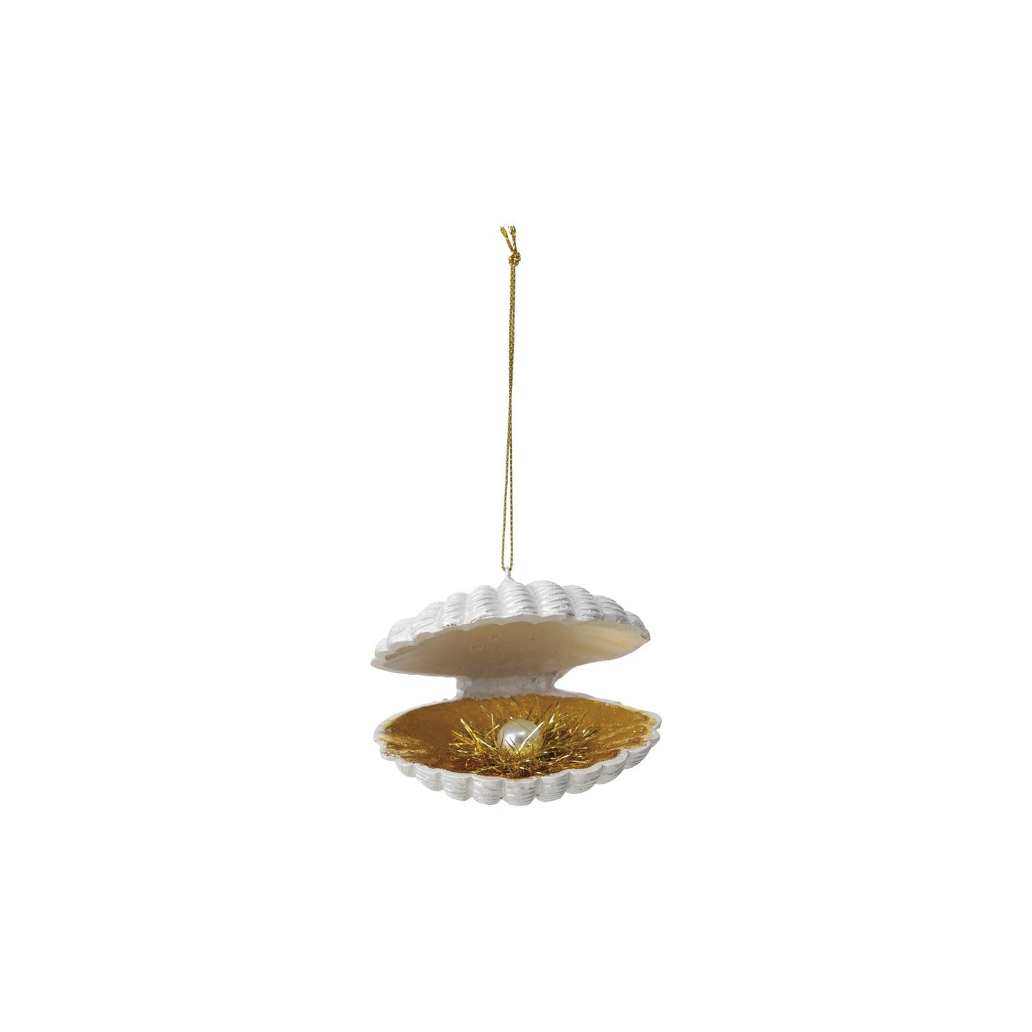 Resin Clam Ornament with Faux Pearl & Tinsel, Gold Finish & White