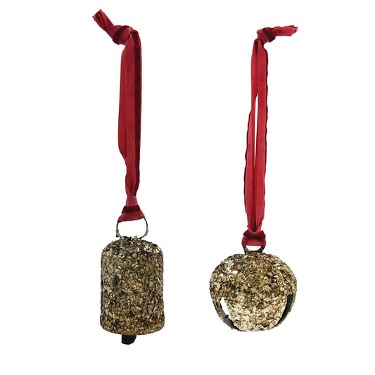 Metal & Glass Bell Ornament with Velvet Ribbon Hanger, 2 Styles